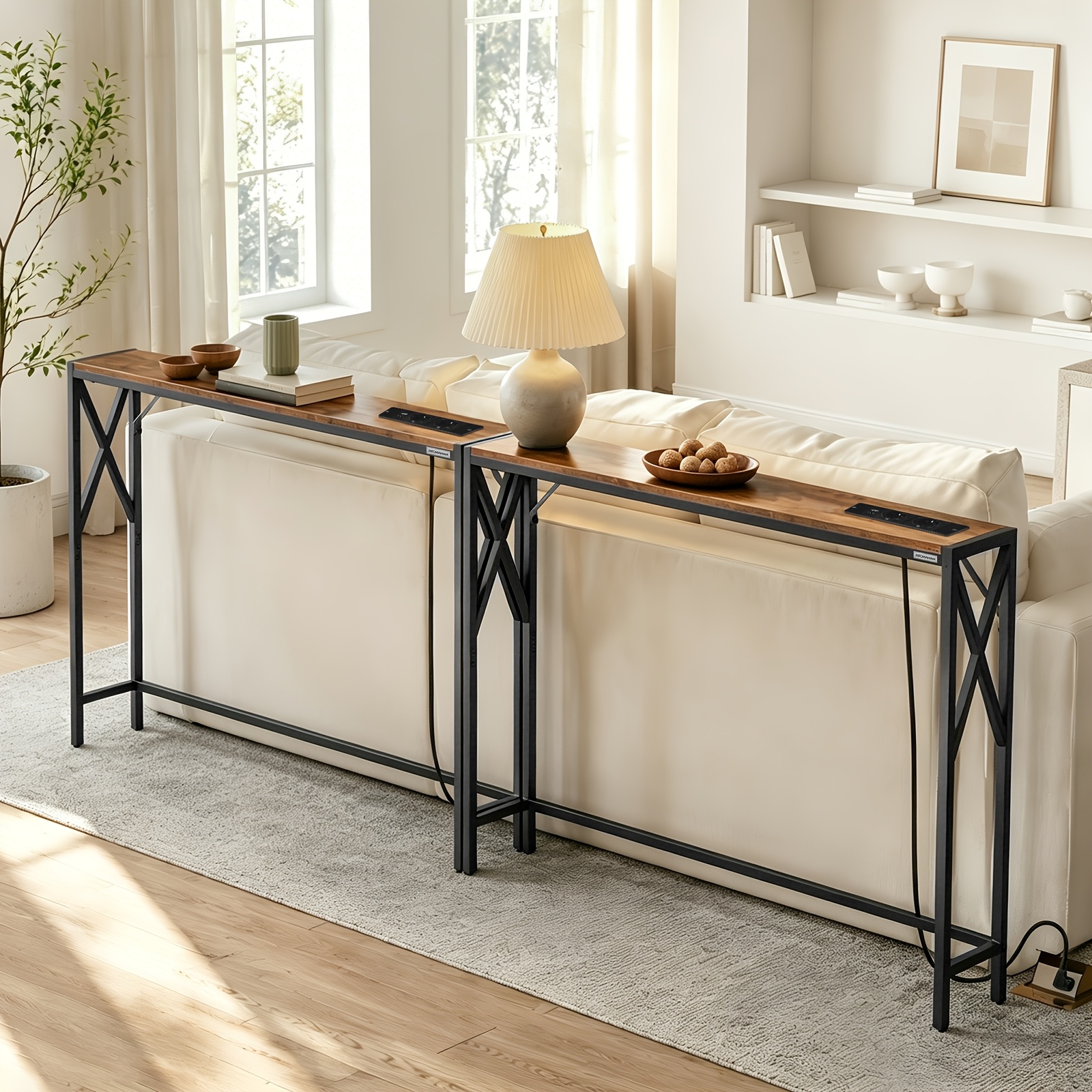 artikel foto console tafel met oplaadstation, 200cm   banktafel, industriële entree tafel, met usb poorten, display tafel, woonkamer bijzettafel, hal bijzettafel, geschikt voor entree, hal, foyer, woonkamer, vintage  , wit, zwart