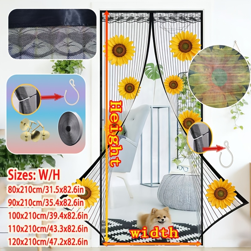 TEMU 1pc Magnetic Closure Net Door Curtain, Automatic Closure With Magnetic Block, -proof And Breathable; Sunflower Print Aesthetic And Unique, Lace
