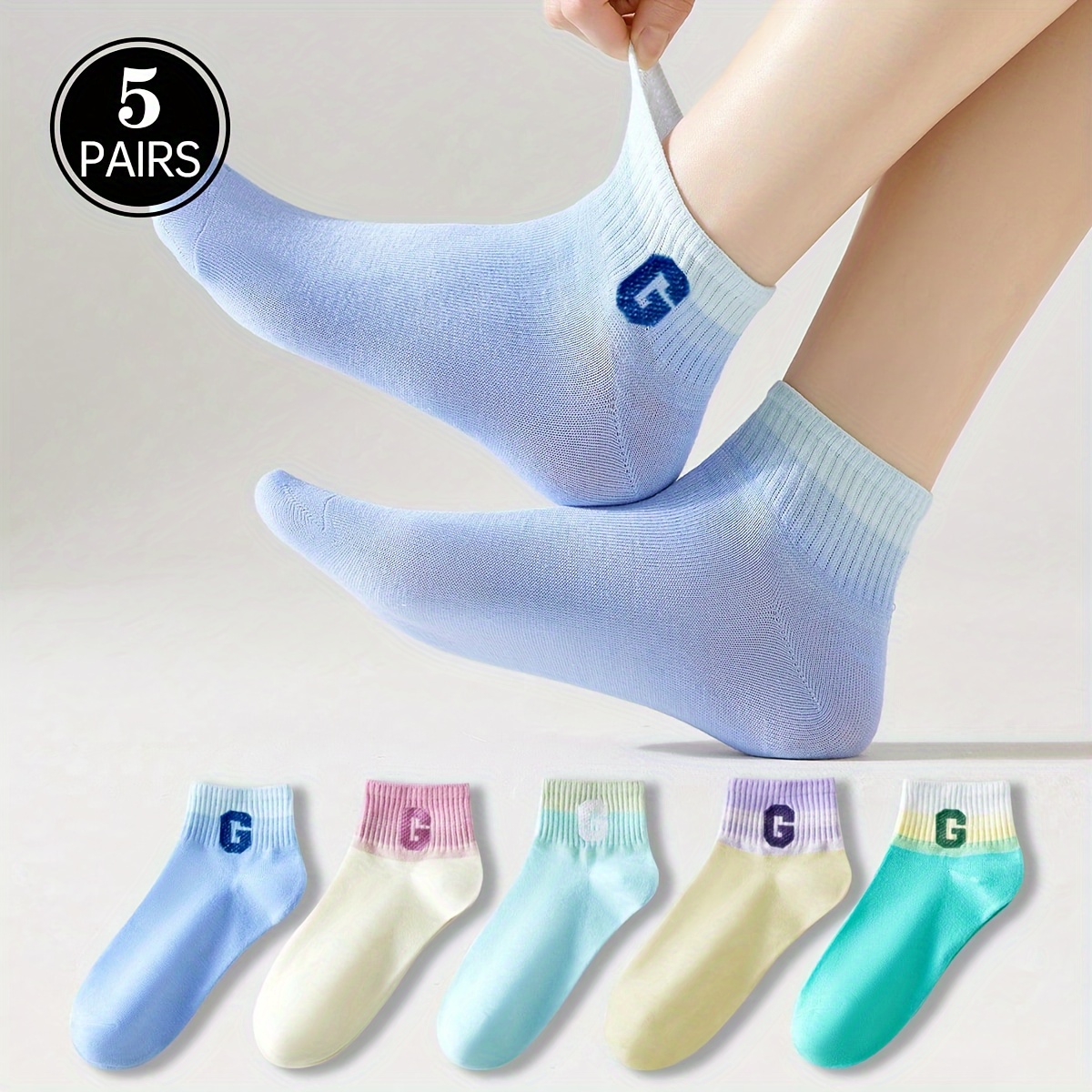 

5 Pairs Of Women's Short Socks, Round Neck Socks, High Length Socks, Regular Women' Socks, Soft Women's Socks, Crew Sports Socks, Fabric Women's Socks, Cute Socks, Girls' Socks, Lazy Socks, Cute Socks