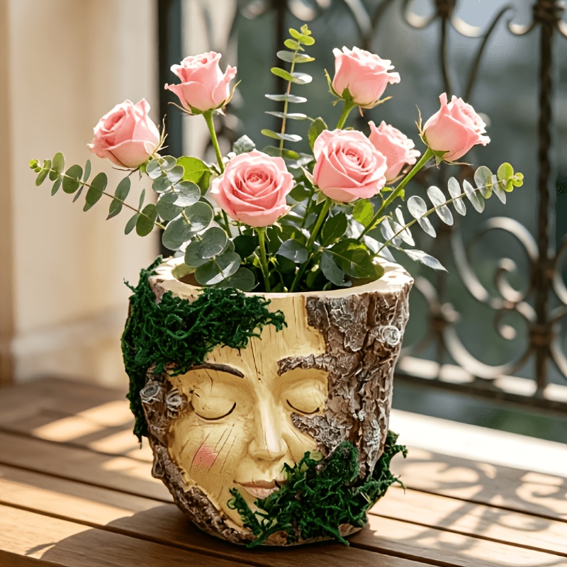 TEMU Pot de résine de visage d'arbre, pot à plantes grasses créatif de visage humain à l'œil fermé avec décoration de mousse, vase unique de tête,