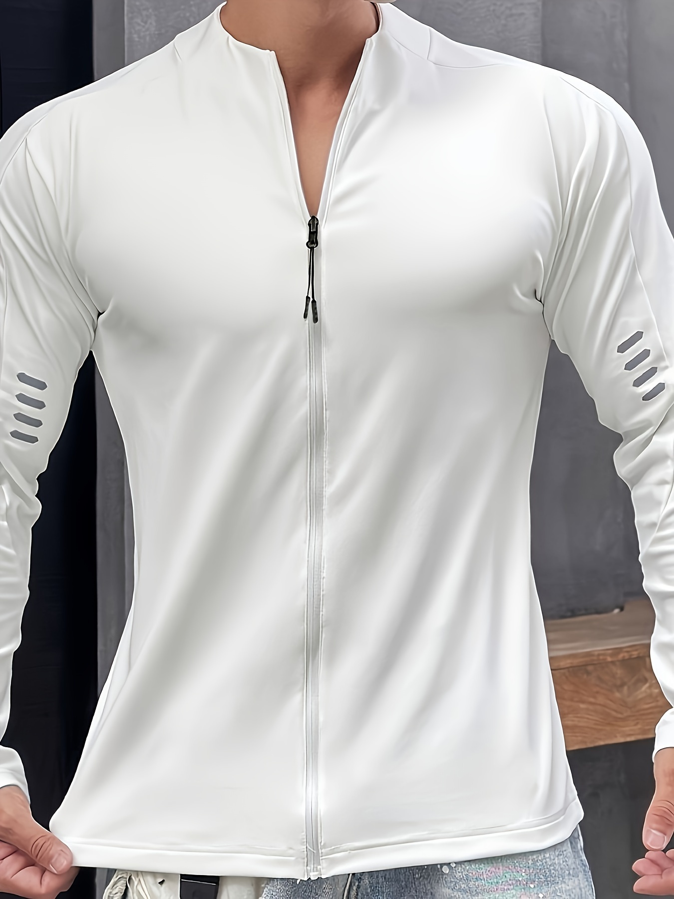 Solid Men's Active Outdoor Sunscreen Breathable Zip Up Round Neck Rash Guard, Running Fishing Hiking,Temu