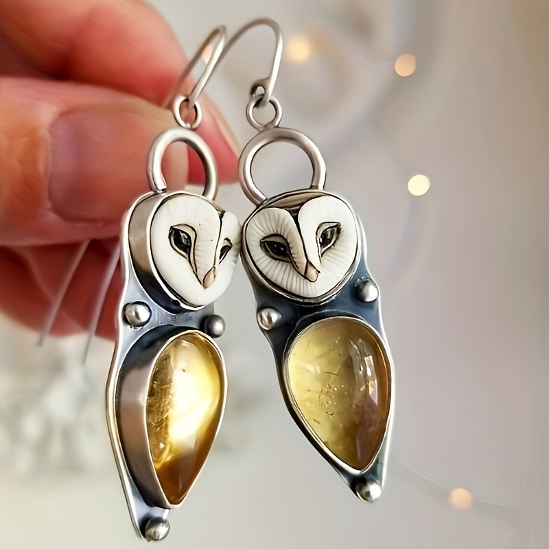 

Elegant Bohemian Owl Dangle Earrings With Sparkling Yellow Gemstones - Vintage-inspired, Alloy , Tassel Detail - Perfect Fashion Accessory For Women, Cute Earrings