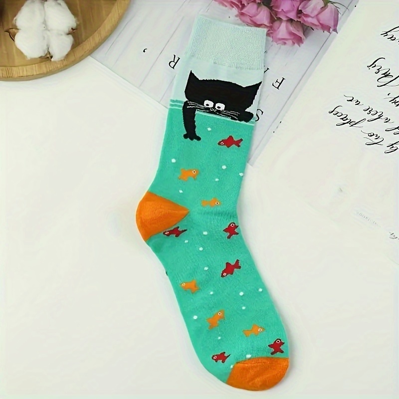 

A Pair Of Men's Fashionable Cartoon Cat Pattern Mid-calf Socks, Comfortable And Breathable