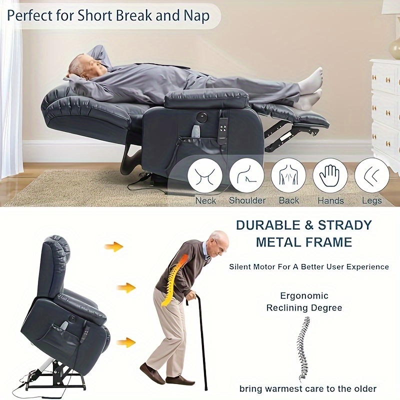 dual motor lay flat   recliner chair for elderly armchair adjustable breathable leather sofa chair with massage and heating for living room infinite position lift recliner navy blue Product details 4