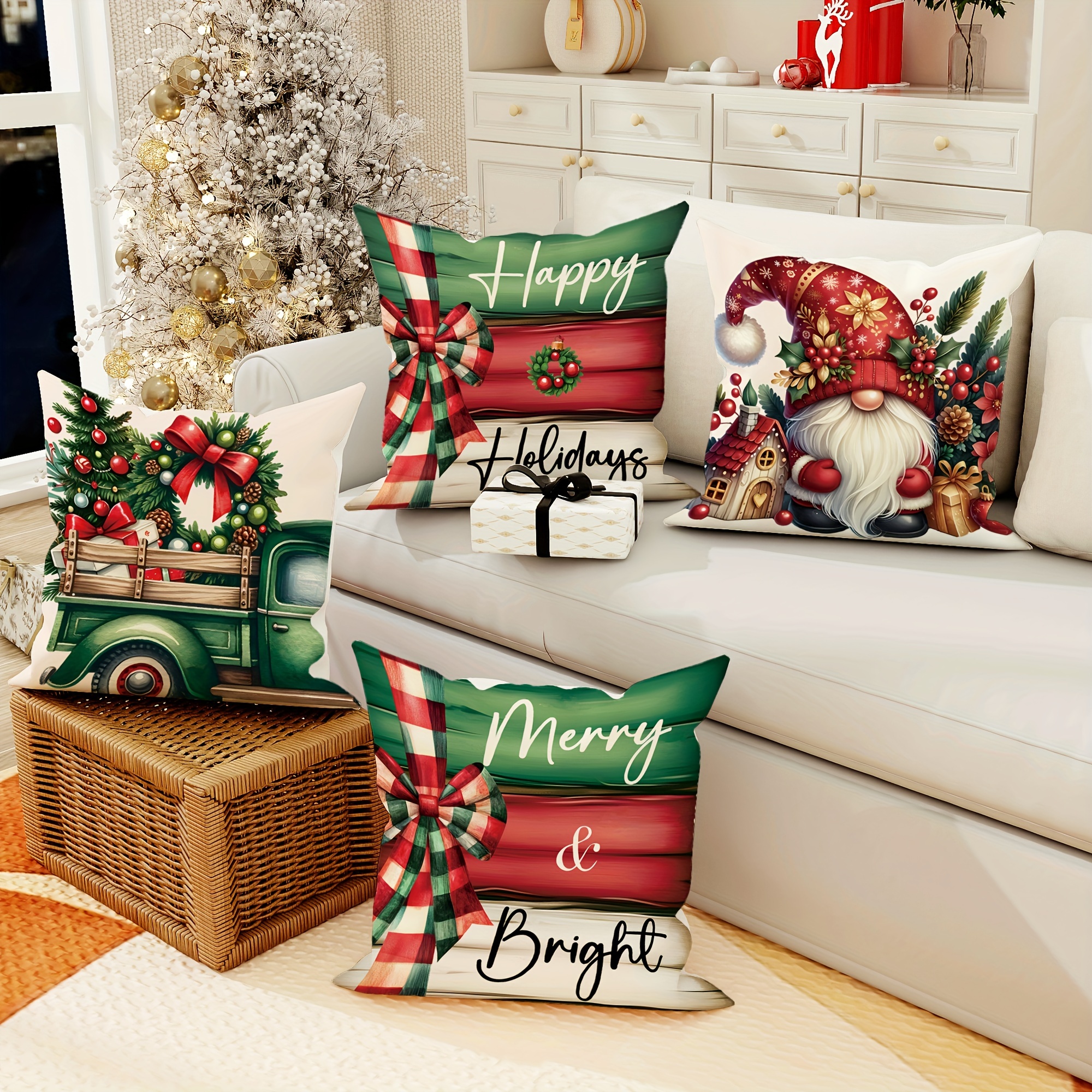 

4pcs Christmas Red Decorative Pillowcases 1 18in*18in For Christmas Sofa Bed Decor Inserts