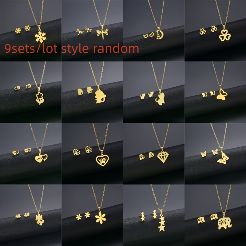 

9 Sets Fashion Stainless Steel Jewelry, Assorted Necklace And Earring Pendants, Hypoallergenic 201 Stainless Steel, Elegant And Party Accessories, Suitable For 15+, Gift For