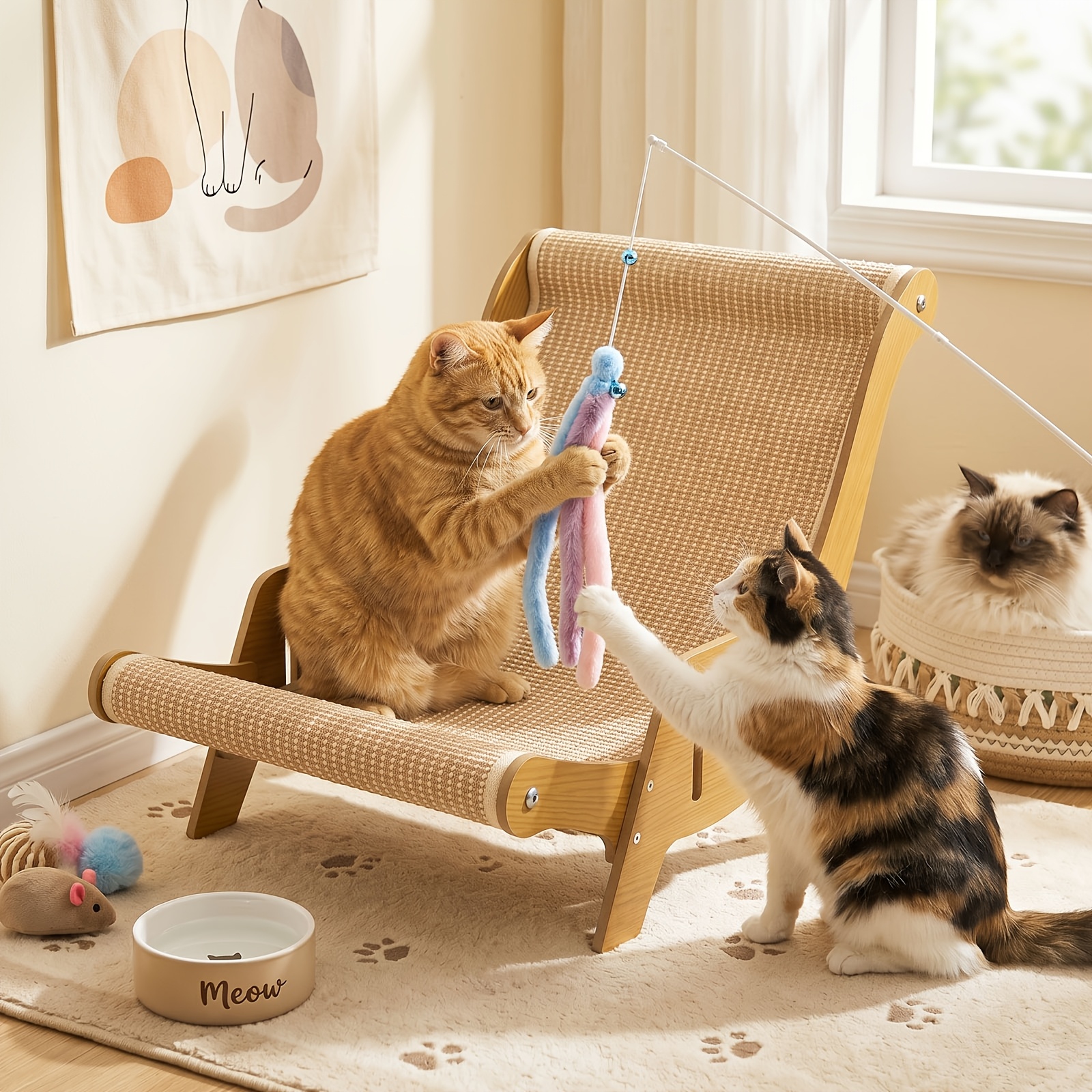 TEMU Recliner Cat Scratcher, Extra Large Size, Sturdy Anti-warping, Free Cat Wand Toy Included, Durable , Wooden Color Curved Scratching And Resting