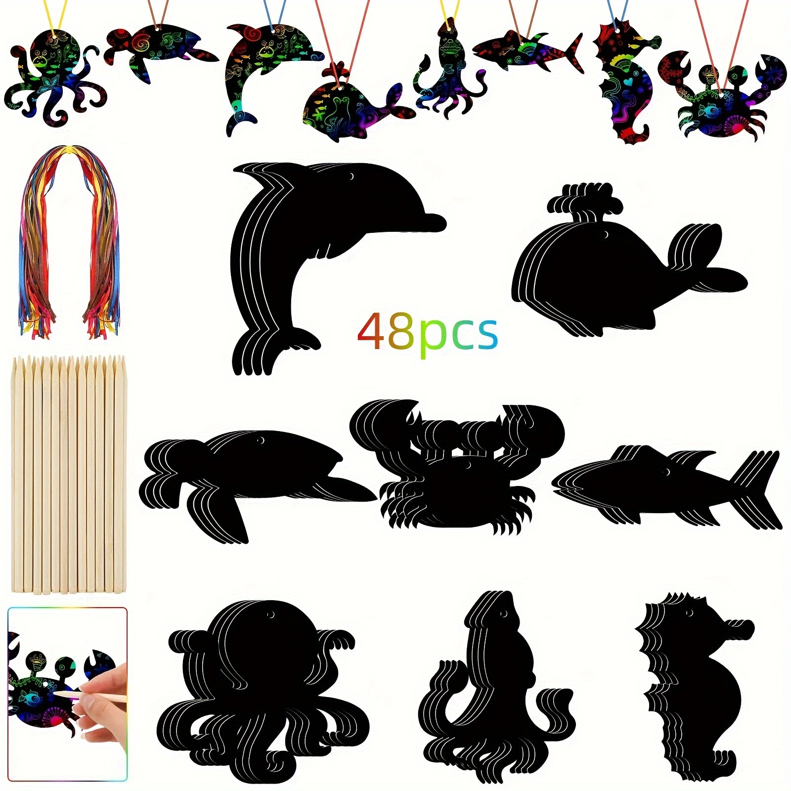 

48 Pcs Sea Creature Scratch Art Kit With Wooden Sticks & Ribbons - Paper Craft Set For Party Favors & Christmas Decorations