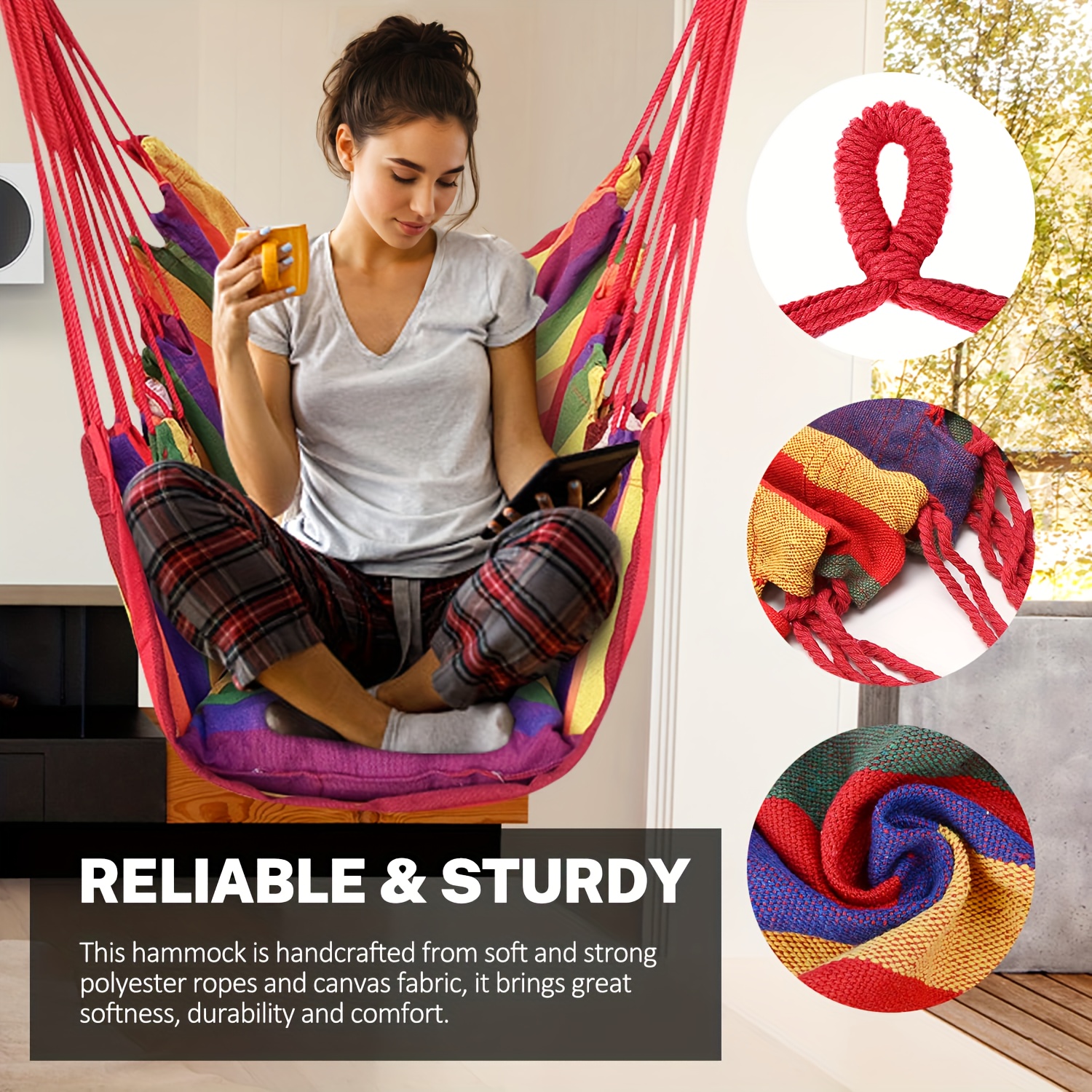 

1pc Hanging Hammock Chair, Striped Hammock Swing Chair With Knitted Mesh, With 2 Throw Pillows & 2 Tie Rope & Storage Bag, For Indoor & Outdoor Patio, Yard, Deck, Garden & Porch