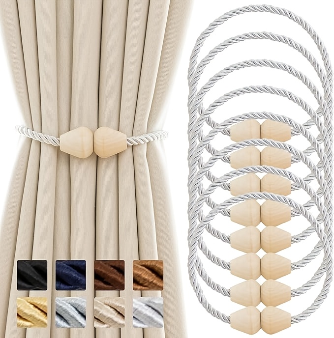 Bohemian Style Wooden Magnetic Curtain Tiebacks, 8pcs Set of Rope Curtain Holdbacks for Handmade Curtains, Multiple Colors Available
