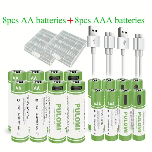 8pcs aa 8pcs aaa battery aa aaa batteries set usb type aaa lithium rechargeable battery high capacity 1 5v 1733mah 2600mwh 500mah 750mwh rechargeable lithium battery 1 5 hours fast charge 1200 cycle with type c port cable output charging cable is included