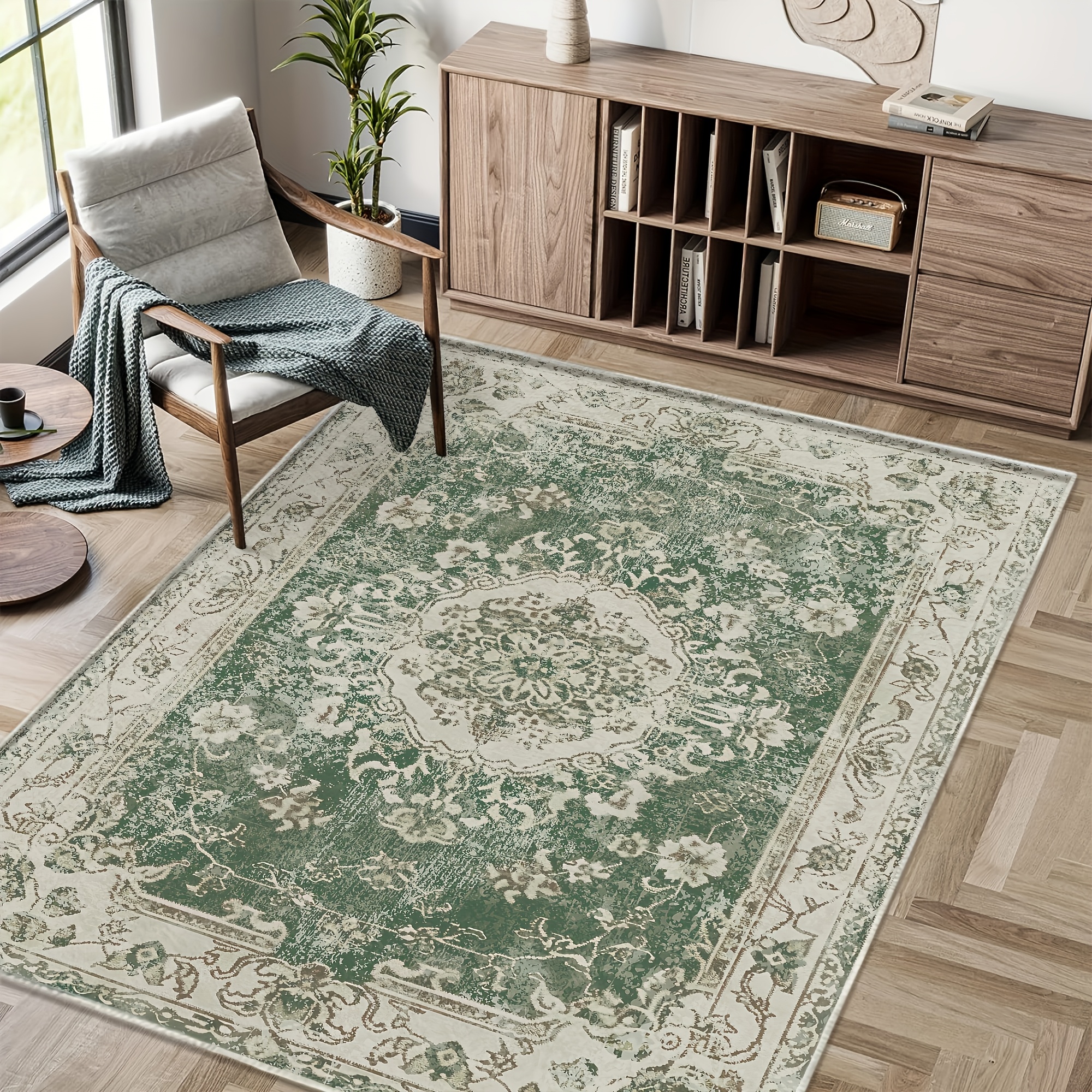 TEMU A Large Rectangular Carpet Made Of Velvet Weighing 850g With A Non-slip Plastic Bottom. This European-style Vintage Light Green Rug Features A