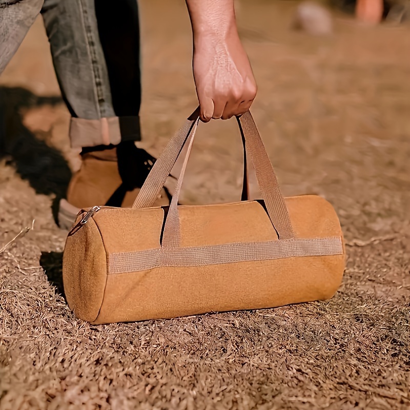 

1pc Canvas Camping Gear Organizer - Brown Cylinder Storage Bag With Zipper And Strap For Tent, Wind Rope, Ground Stakes & Tools - Ideal For , Camping Accessories