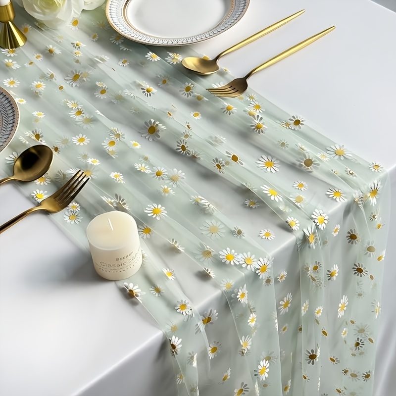 E-shop 2 Stück Grüner Gänseblümchen-Tischläufer, Durchsichtiger Mesh-Tischläufer mit Blumenmuster, für Hochzeit, Outdoor, Festival, Tischdekoration,