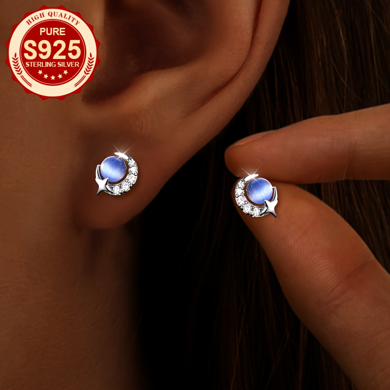 Glass Crescent Moon & Star Stud Earrings, S925 Silver