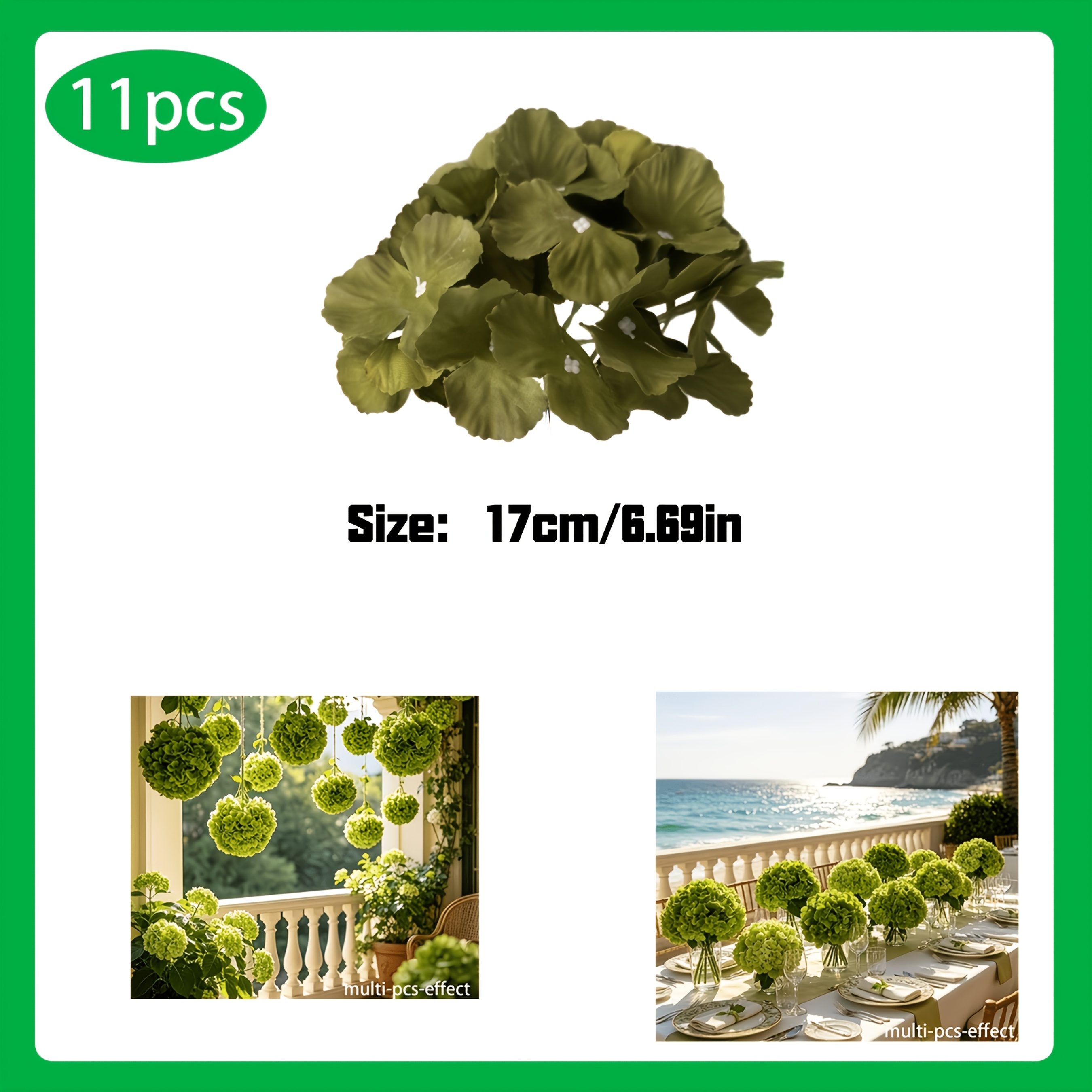 TEMU 11pcs Spring/autumn Simulation Green Hydrangea Flowers, Decoration Artificial Flowers, Suitable For, Hotels, Bedrooms, Courtyards, Living Rooms