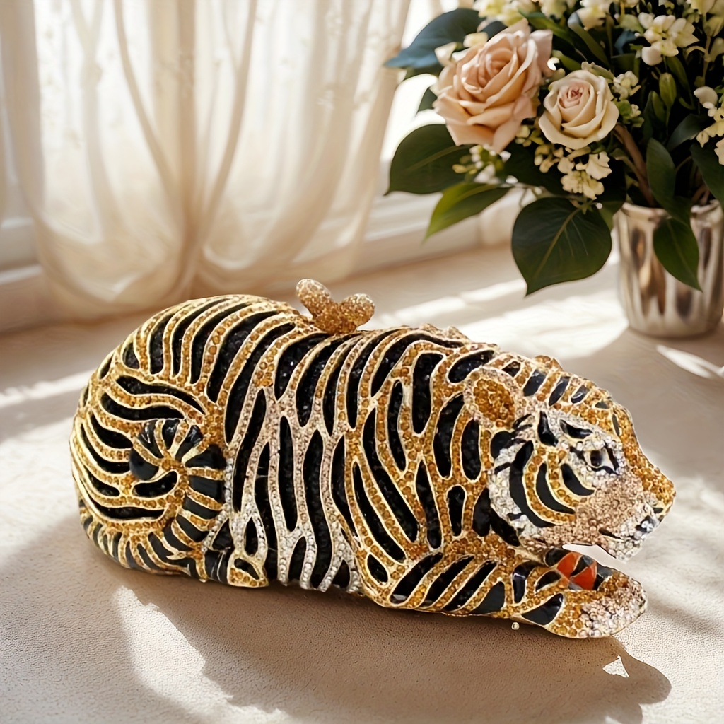 Image of Women Cute Tiger Shaped Evening Clutch Sparkling Rhinestones Handbag Prom Party Purse