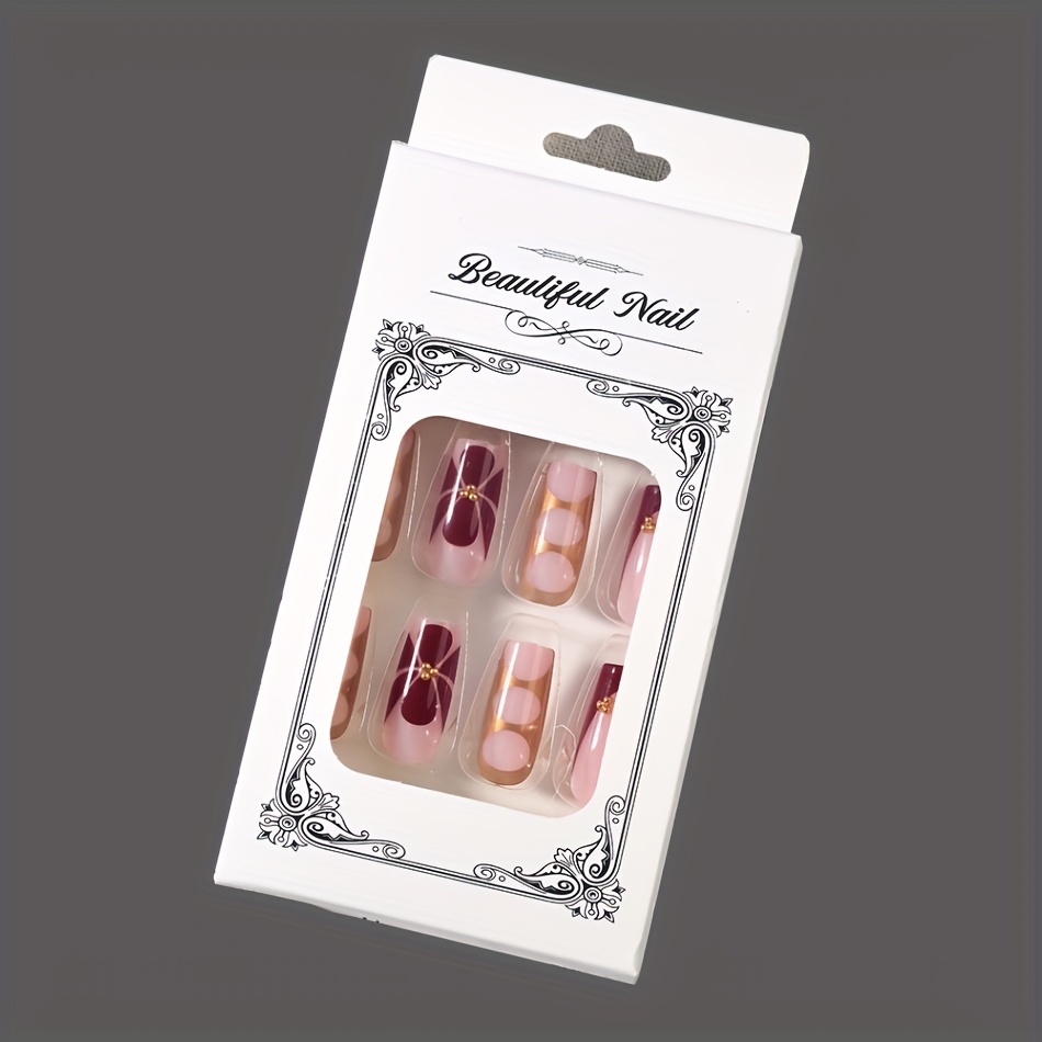 Image of 24pcs Acrylic French On Nails Set- Glossy Pink,red, Golden With Elegant Designs Medium Fake Nails For Diy Nail Art, Nail Accessories Includes Jelly Glue And Nail File