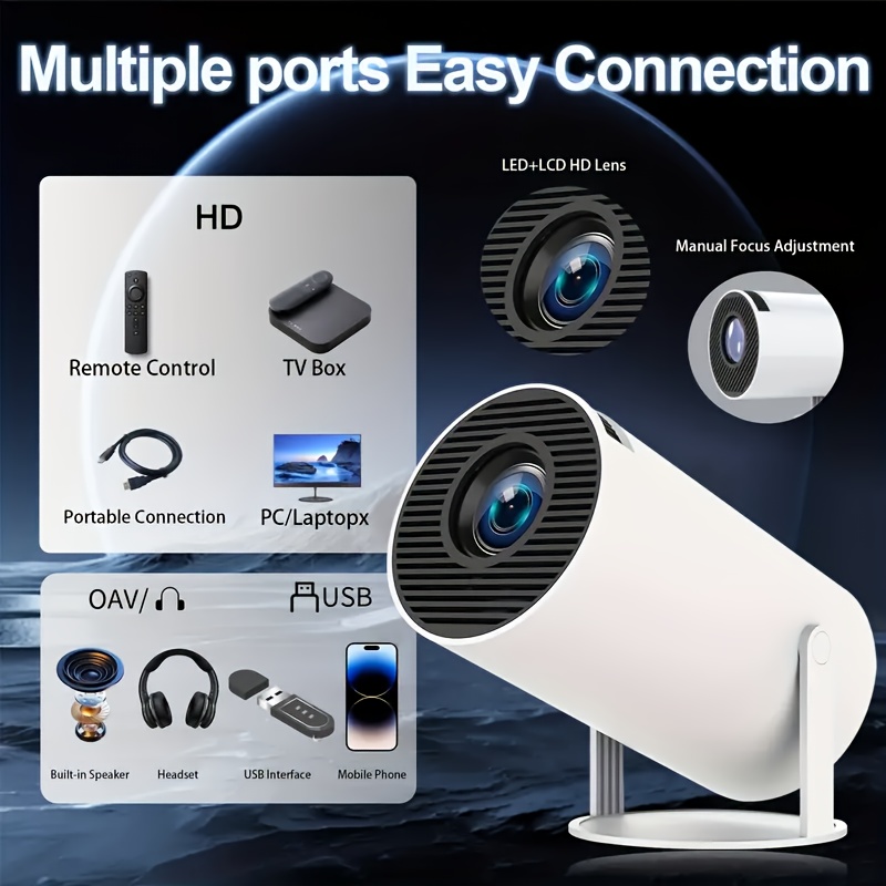   інтелектуальний високоякісний проектор, вбудована операційна система   11, подвійний діапазон wifi та bt 5.2, гучномовці з високою точністю, 200 люменів,   розширення 1080p/підтримка 4k,  ° гнучке проєктування, готовий до 3d, живлення через usb,   підходить для   Опис товару 3