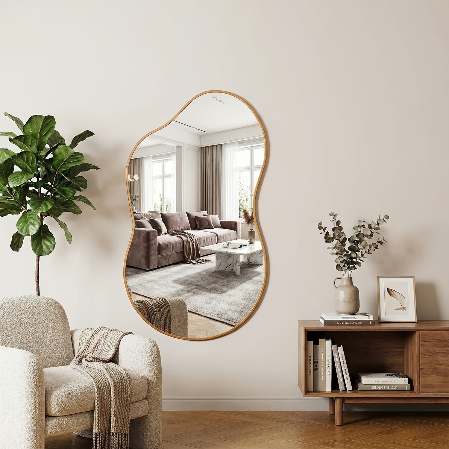 TEMU Large Irregular Asymmetrical Wall Mirror With Tempered Glass & Frame - Modern Wavy/curved/angled Suitable For Bathroom, Dressing Room, Living