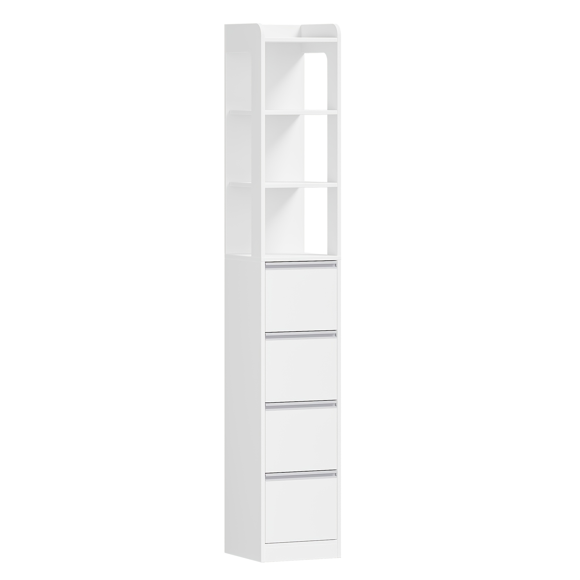 Medicine Cabinet, Bathroom Cabinet, Freestanding Unit, Bathroom Furniture, Featuring 4 Drawers And 3 Open Shelves, 30 X 30 X 185cm, Suitable For Bathrooms, Living Rooms, Kitchens, , White