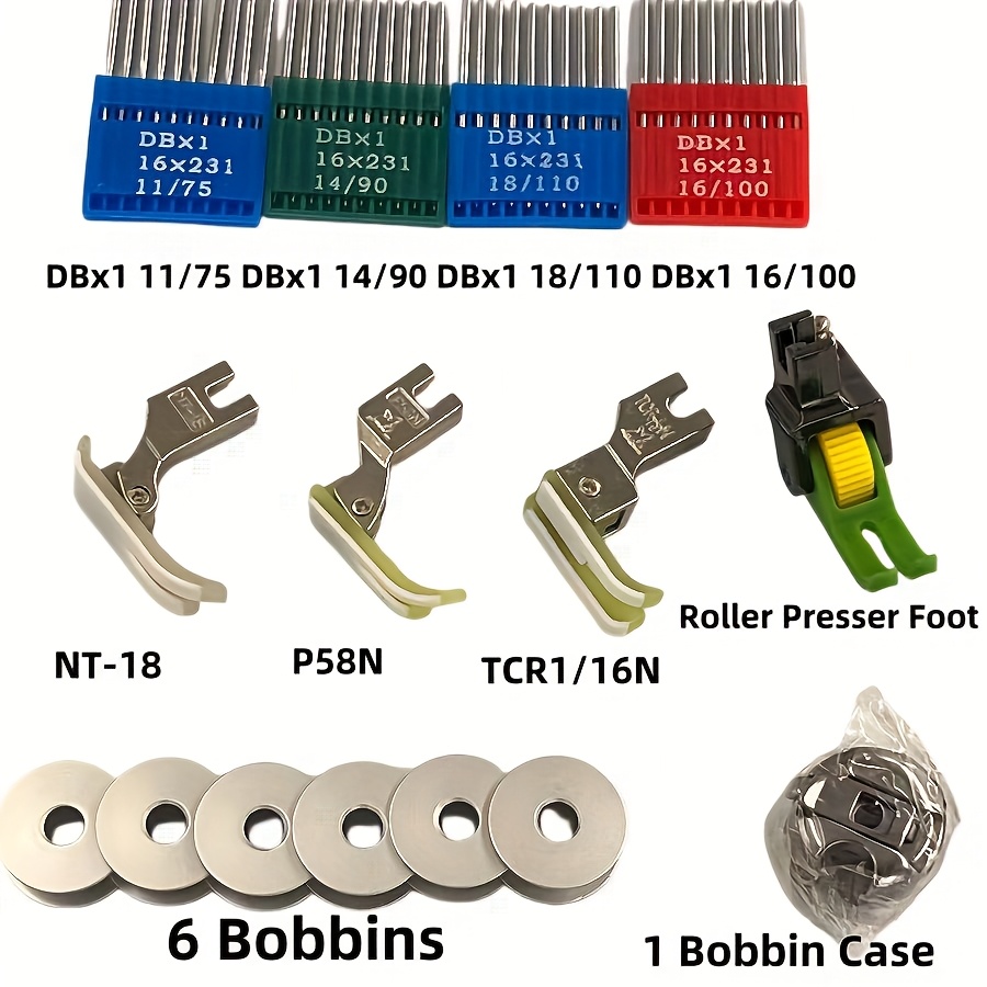 E-shop Industrielle Nähmaschinen-Set 51-teilig mit Roller NT-18 P58N TCR Nähfüße, 4er-Pack Nadeln (11/75, 14/90, 16/100, 18/110), 6 Spulen &