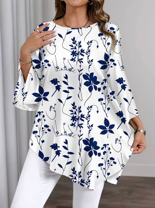 Artikelbild plus size, damenbekleidung in übergrößen, lässiges vielseitiges oberteil, neuer herbststil, modisches blumenmuster rundhals-t-shirt, für dates , strahlt eleganz aus