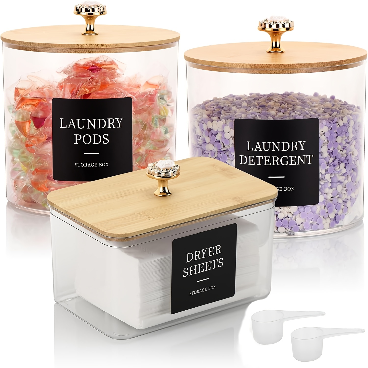 

Container For Laundry Pods, Organizers For , Storage Set Including 2 Jars For Detergent Powder And 1 Holder For Dryer Sheets With A Bamboo Lid, Canisters