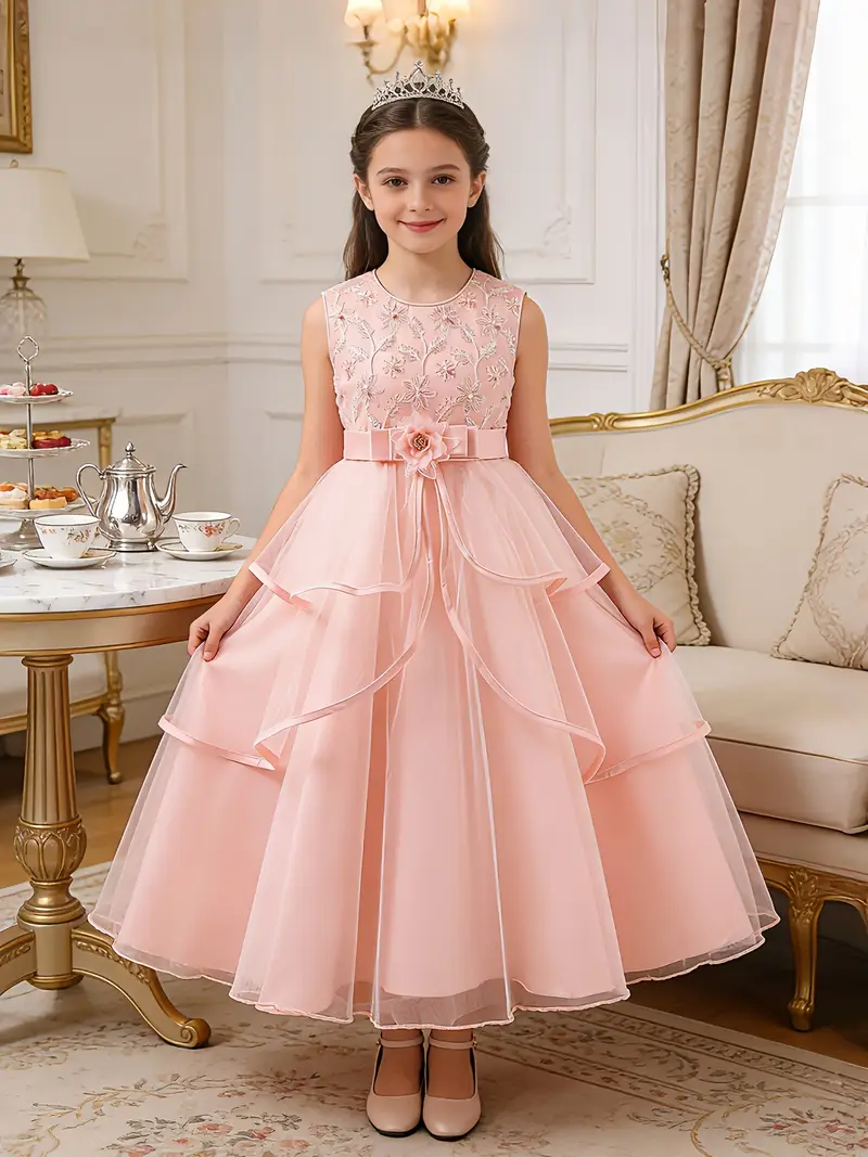 Children's Formal Dress, Girls' Princess Dress with Sequin Lace * and Layered Mesh Design * with a * Embellished Three-Dimensi Children's Formal Dress, Girls' Princess Dress with Sequin Lace * and Layered Mesh Design * with a * Embellished Three-Dimensi