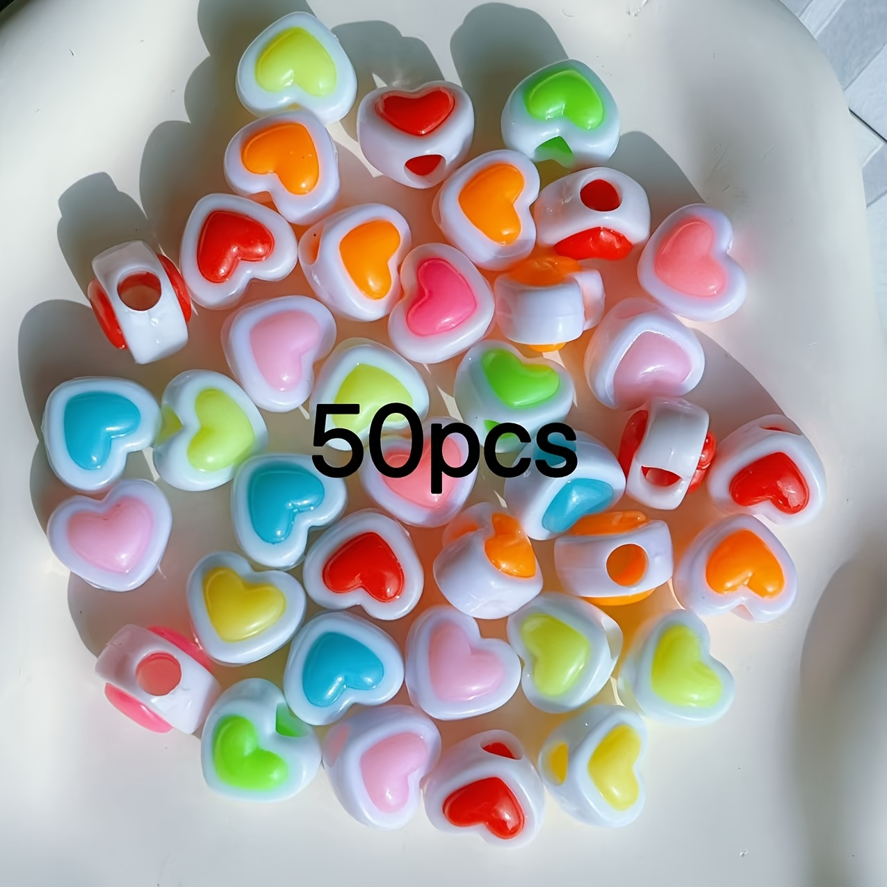 50pcs Acrylic Three-dimensional Heart Large-hole Beads, Random Mixed Colors, For Diy Necklaces, Bracelets, Phone Charms, Beaded Pens, And Other Decorative Beads