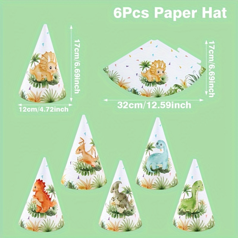 Image of 6pcs/set, Dinosaur Theme Paper Hats, Jungle Forest Dino Theme 1st Birthday Party Hat Supplies, Green Leaf Happy Birthday Party Decoration