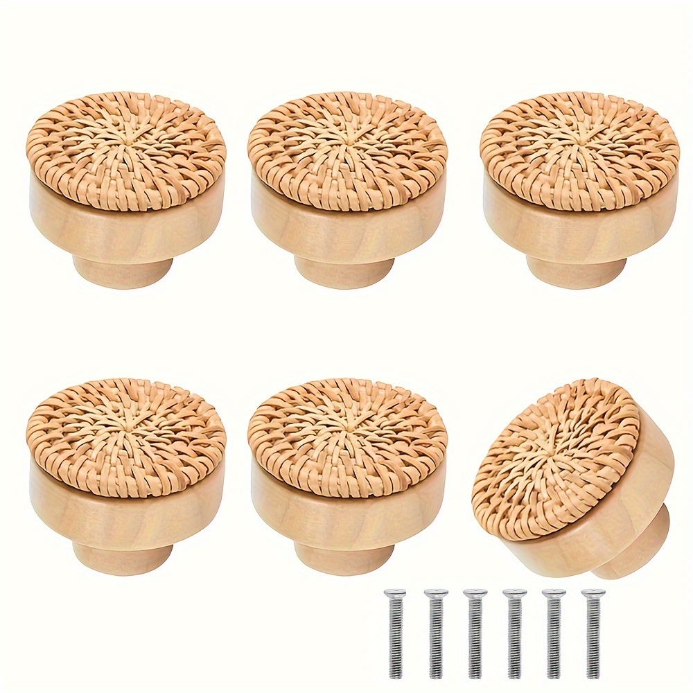 

6pcs Bohemian Rattan Drawer Knobs - Elegant Wooden Cabinet Pulls With Screws Included, Kitchen & Bathroom Doors