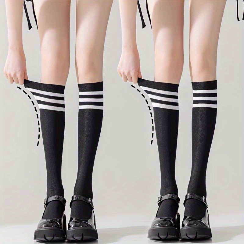 

2 Pairs Women's Plus Preppy Calf Socks, Plus Size Striped Print Summer Thin Jk Uniform Knee High Socks