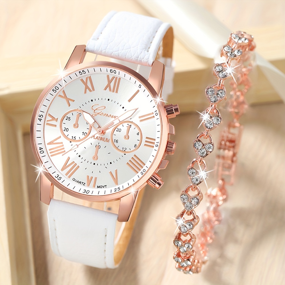 

2pcs Quartz Watches For Women Pu Leather Wrist Watch With Rhinestone Bracelet Great Gift For Her Mom Girlfriend