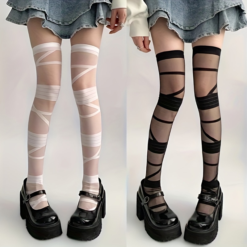 

Black White Y2k Striped Over The Knee Socks, Geometric Pattern, With Binding, For Jktie, Kawaii