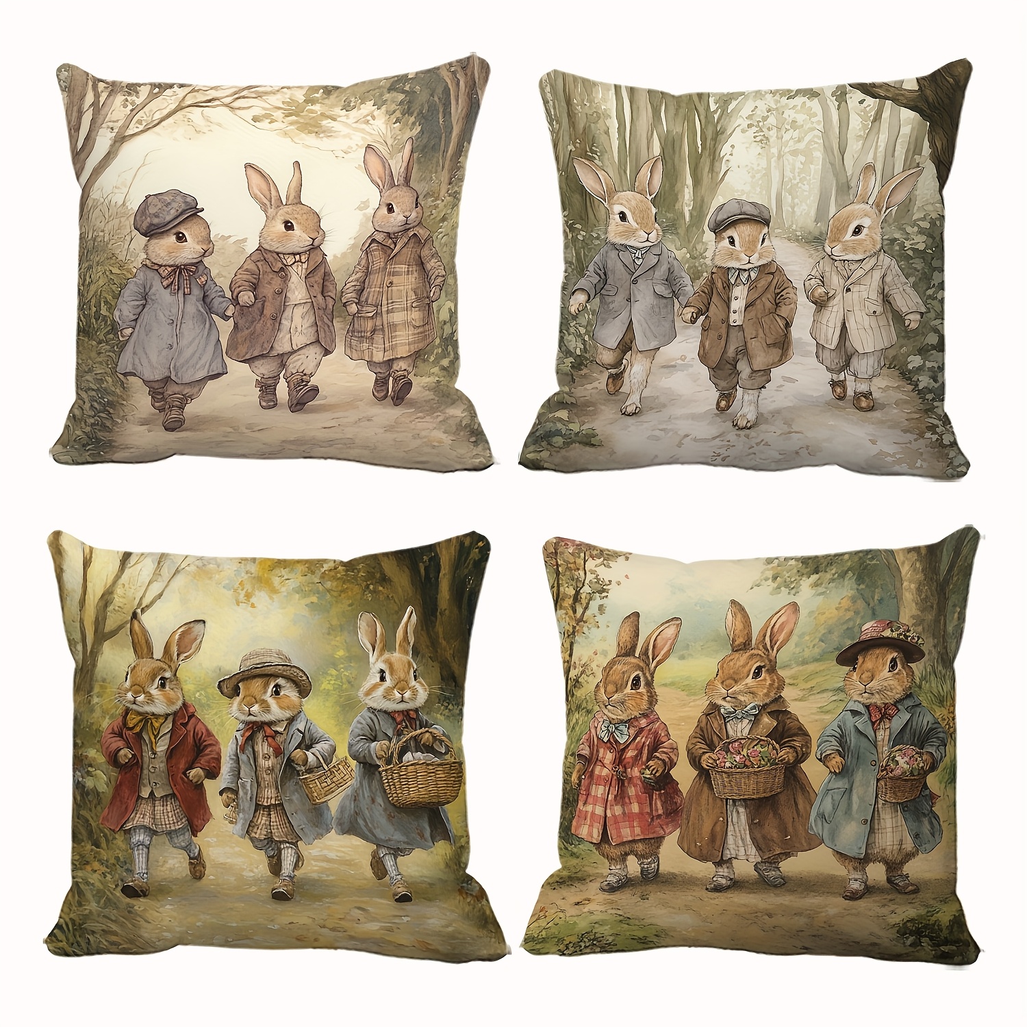 

4pcs Set Vintage Rabbit Print Cushion Covers, Easter Style, Polyester 100%, Hand Wash, Zipper Closure, Woven Decorative Pillowcases For Sofa And Bedroom Decor (no Inserts)