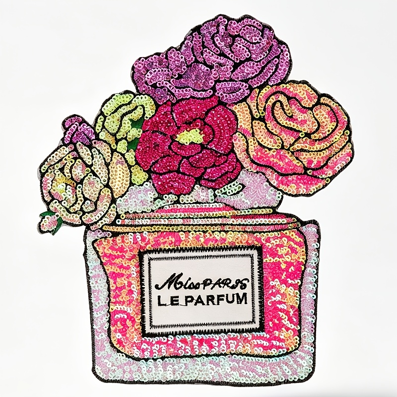 TEMU 1pc Grand Patch de Broderie Thermocollant Iridescent avec Sequins de Bouteille de Parfum Rose, Applique Décorative pour Veste Sac Oreiller