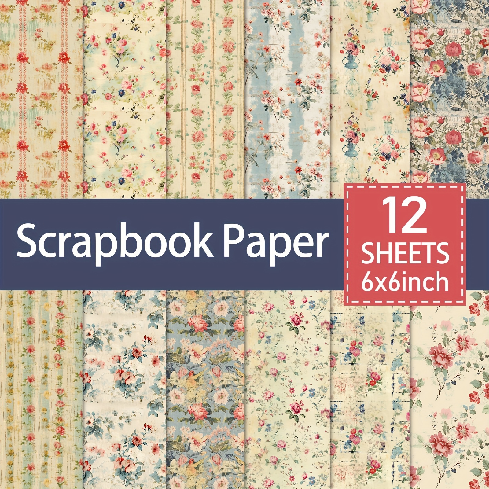 TEMU Bloc de Papier à Scrapbooking Floral Vintage de 12 Feuilles - Carton d'Artisanat de 6x6 Pouces avec Floraux Élégants pour le Scrapbooking, la