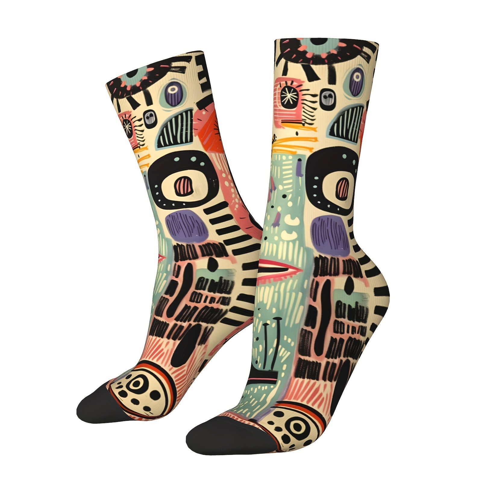 

1 Pair Of Men's Harajuku Vintage Style Novel Art Style Crew Socks, Comfy & Breathable Trendy Graffiti Unisex Socks For Gifts, Outdoor Wearing All Seasons Wearing