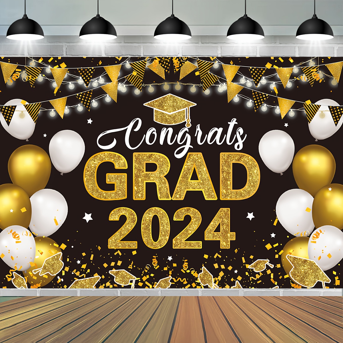 1pc, 2024 Graduation Party Backdrop Banner Black And Gold Congrats Grad ...