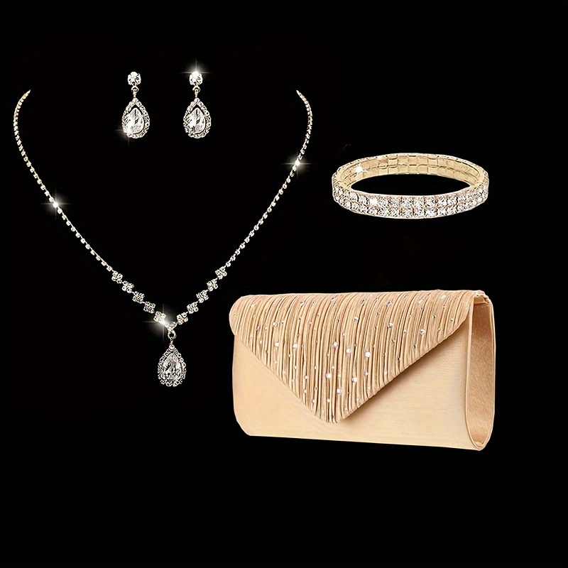 

Elegant Women's Party Set: Golden Evening Clutch With Detachable Chain Strap, Earrings, Necklace & Bracelet - Weddings And Banquets, Shoulder Bag, 4pcs Set