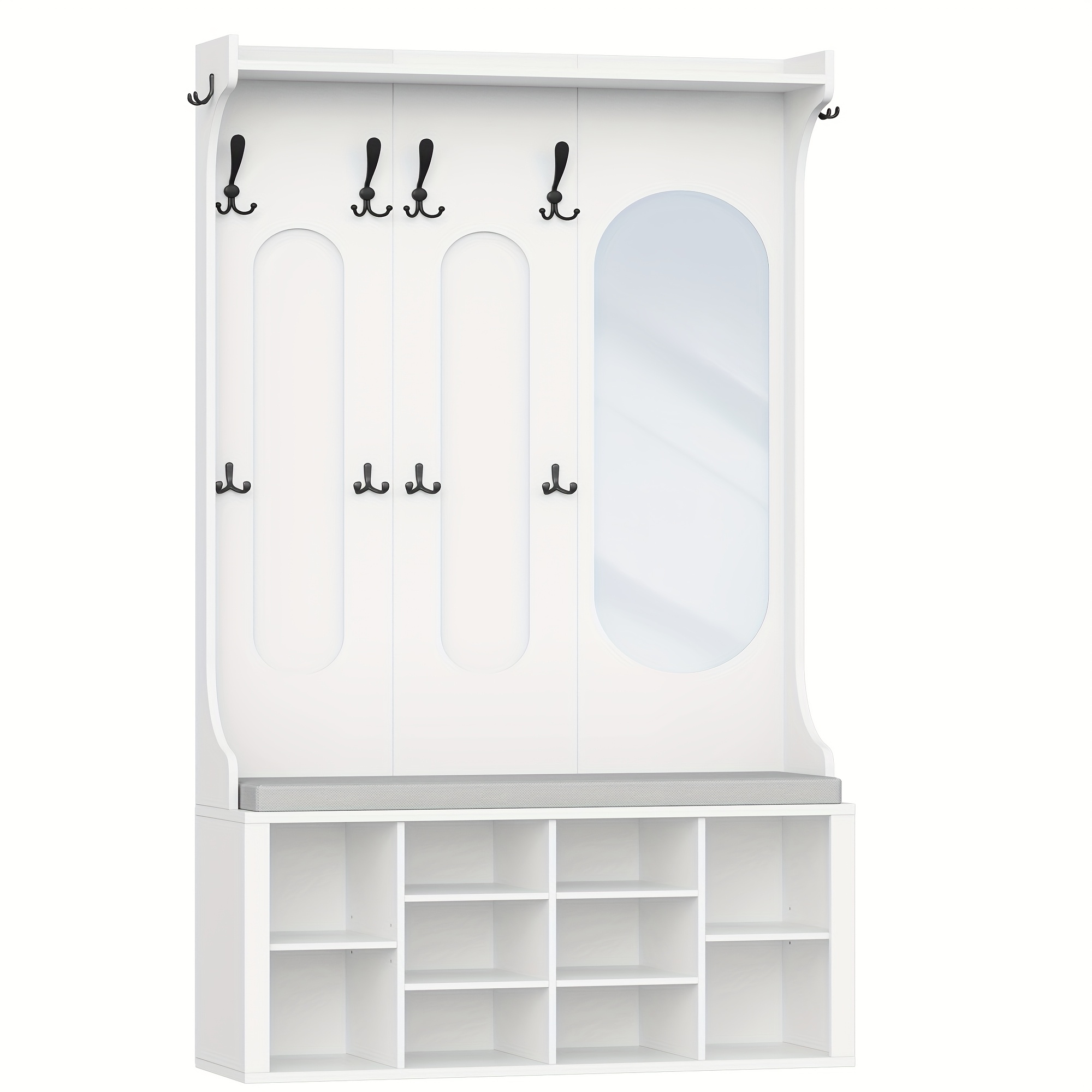 Coat Rack With Shoe Bench, Wardrobe With Mirror, Shoe Storage, 10 Hooks, Adjustable Shelves, Freestanding, For Entrance Area, Hallway, 35.5 X 100 X 185cm, White