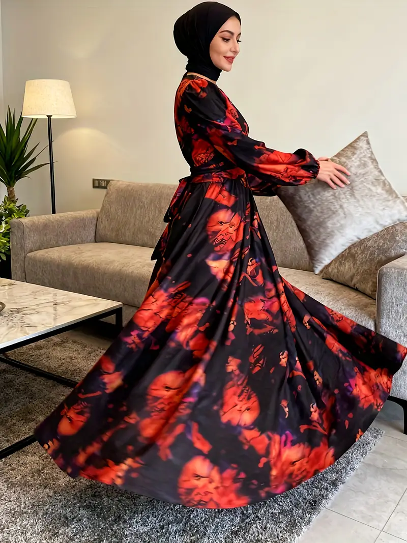 arab loose dress Women V Neck Long Sleeve Loose Caftan Dubai Abaya Arab Robe Islamic Mu