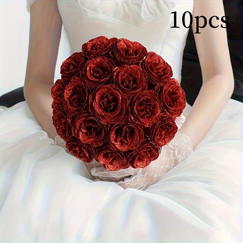 Image of 10pcs Shiny Multicolor Rose Bouquet - Artificial Roses, Suitable For Christmas, Weddings, Bridal Showers, Home, Party Decorations | Perfect Gifts For Valentine's Day, Mother's Day, Etc
