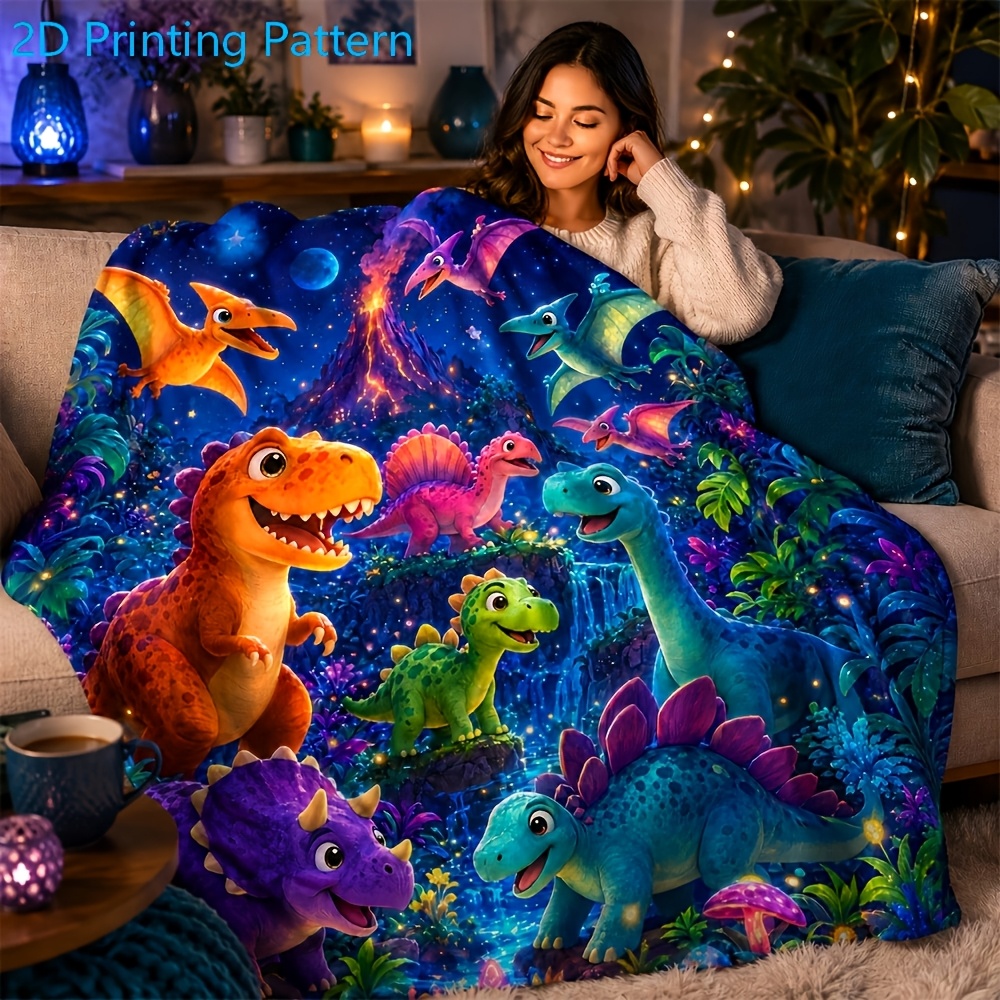 TEMU Magical Night Prehistoric Dinosaur Jungle Single-sided Printed Flannel Throw Blanket - Super Soft Cozy Plush Fleece, Machine Washable Durable