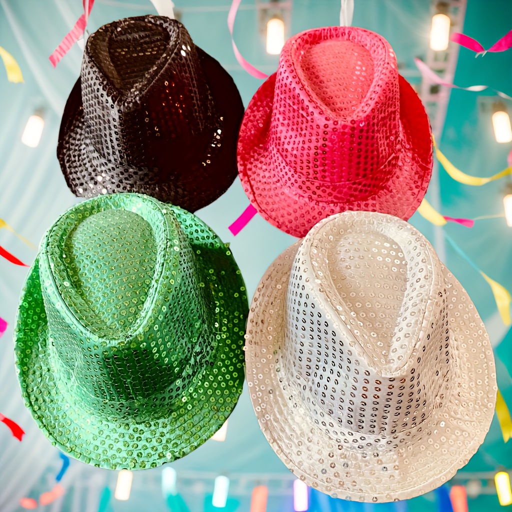 

In A Box Of Vintage Sequin Jazz Hat---4 Different Colors Of Top Hat Suitable For Men And Women Stage Performance To Show Personality, Inauguration, Can Be Daily, Travel, Hat Random