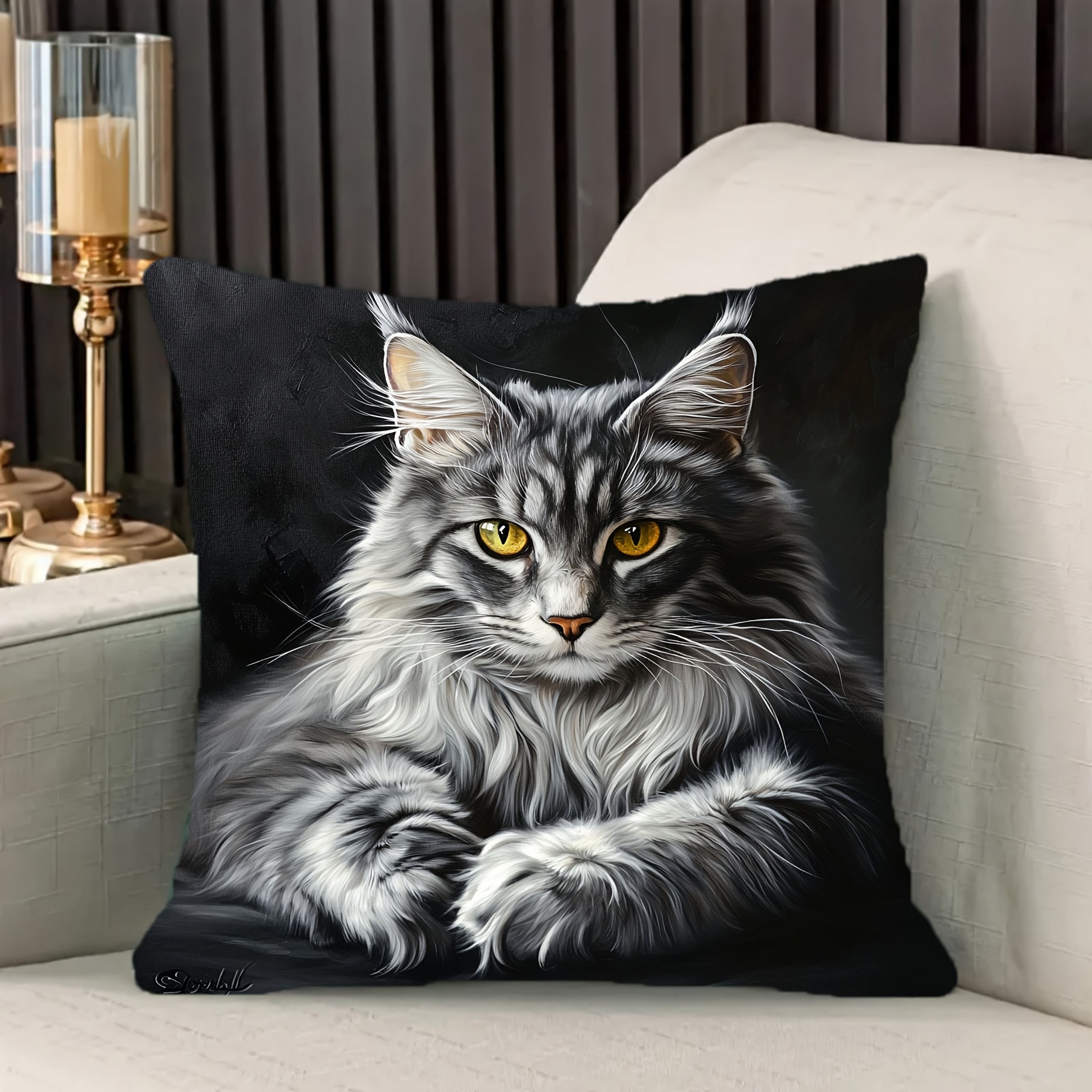 

1pc Sorsillo Contemporary Maine Coon Cat Throw Pillow Cover, 18x18 Inch, Polyester Short Plush, Zippered, Machine Washable, Decorative Cushion Case For Home, Living Room, Sofa, Bedroom - Gray