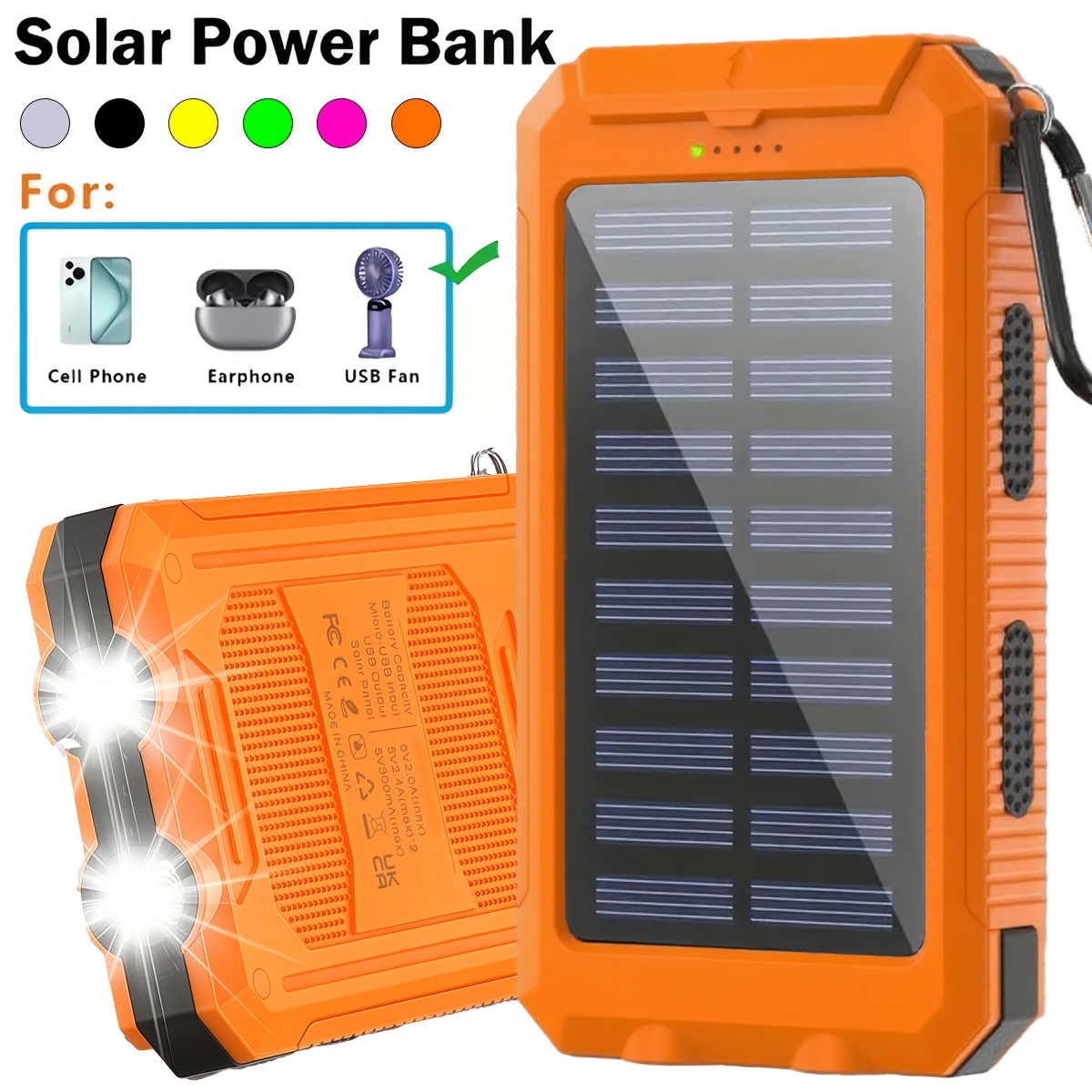 TEMU Solar Power Bank, 18800mah Usb Portable Charger For Cell Phone, Long-lasting, Led Lights Flashlight With Compass, Travel Camping, Portable