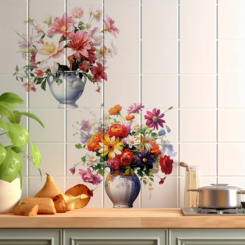 Image of 2 Vases Of Floral Decals For Bedroom, Living Room, Kitchen, Refrigerator, Wall Decoration, Removable Self-adhesive Wall Stickers Pvc