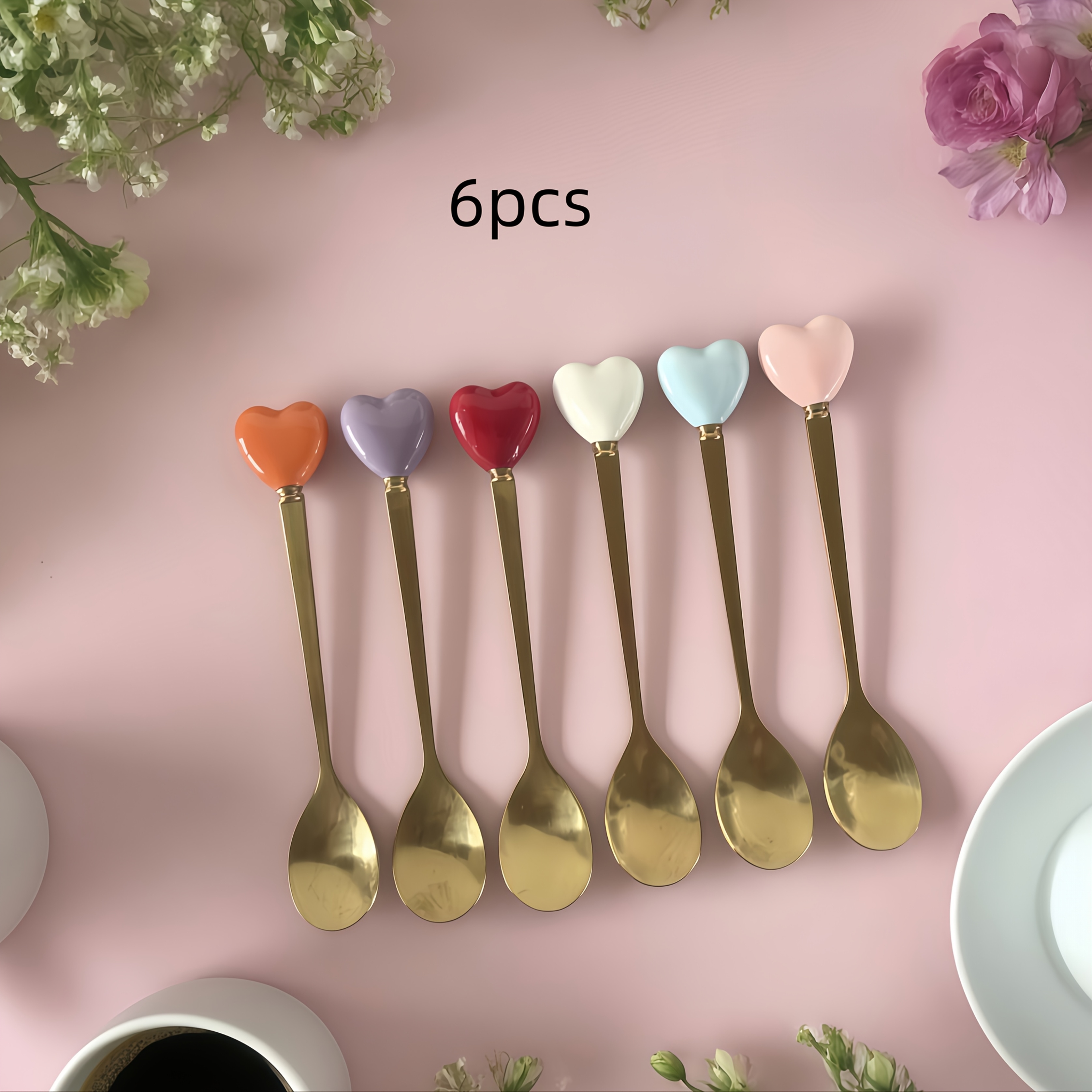 E-shop Set mit 6 eleganten, vergoldeneten Dessertlöffeln aus Edelstahl - Inklusive 6 Löffel | Teelöffel mit Keramikgriff (/11 cm) | Ideal für Afternoon